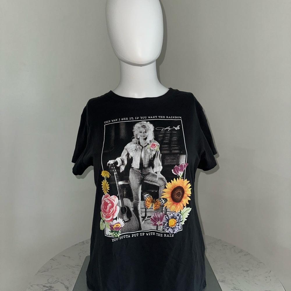 Dolly Parton Black Graphic T-Shirt with Floral Design